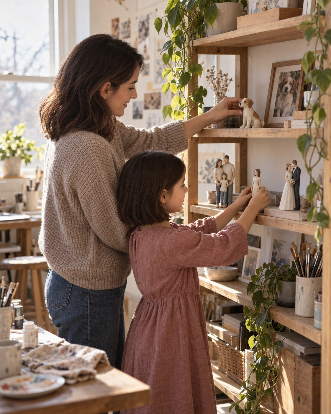 A mother and daughter arranging finished figurines together in a sunlit studio.