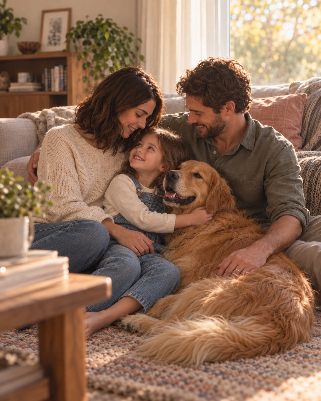 A mother, father, young daughter, and golden retriever sharing a quiet family moment at home.