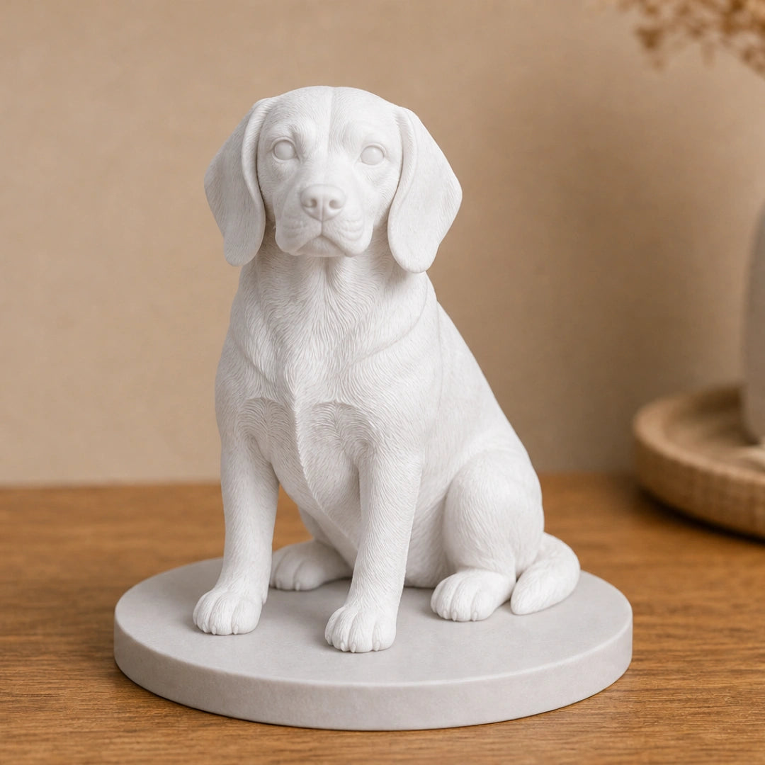 White 3D-printed pet figurine before hand painting