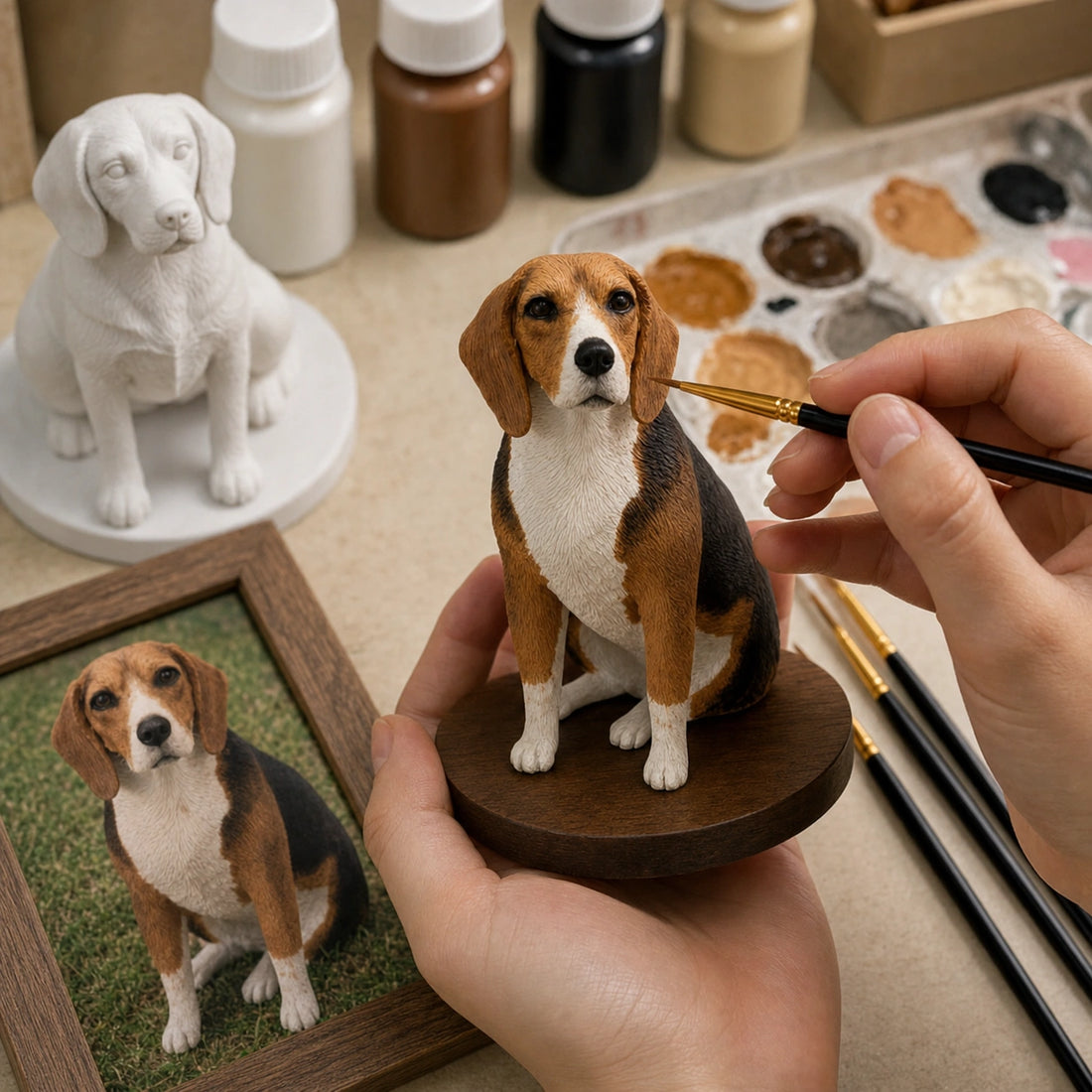 White 3D-printed pet figurine before hand painting