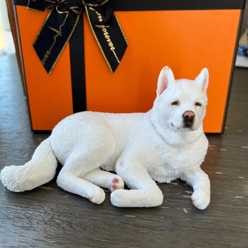 Finished custom pet figurine displayed beside the reference photo
