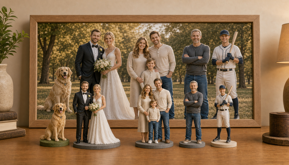Custom family and sports figurines made from customer photos