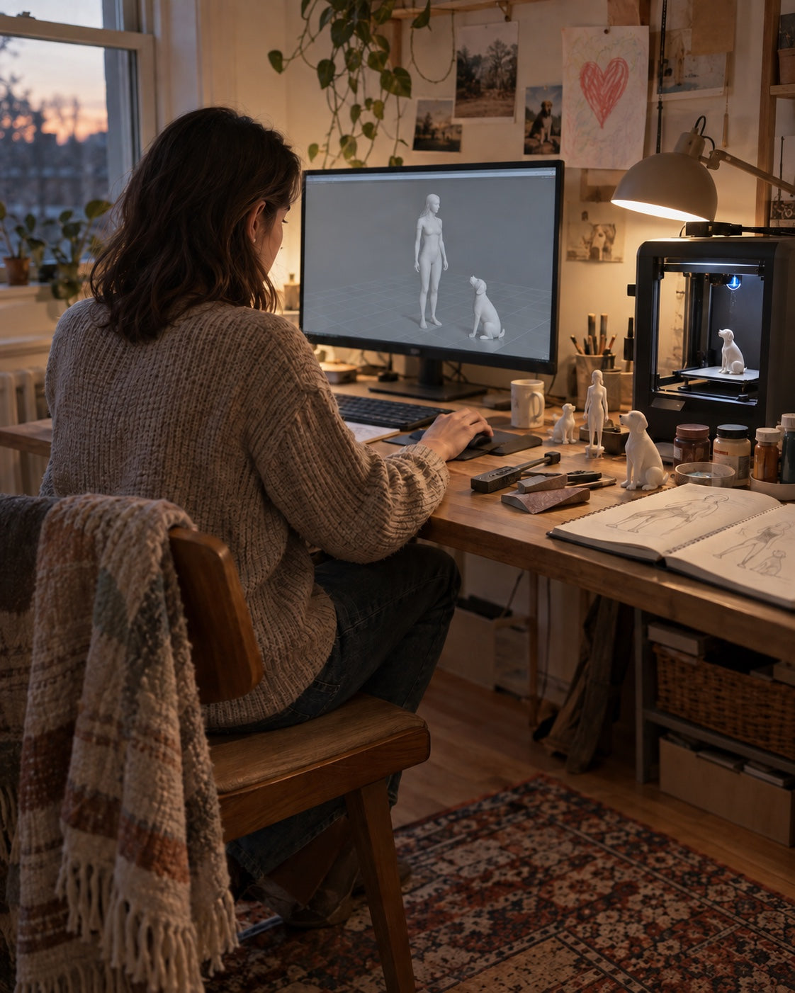 A designer working with 3D models, test prints, sketches, and painting tools in a home studio.