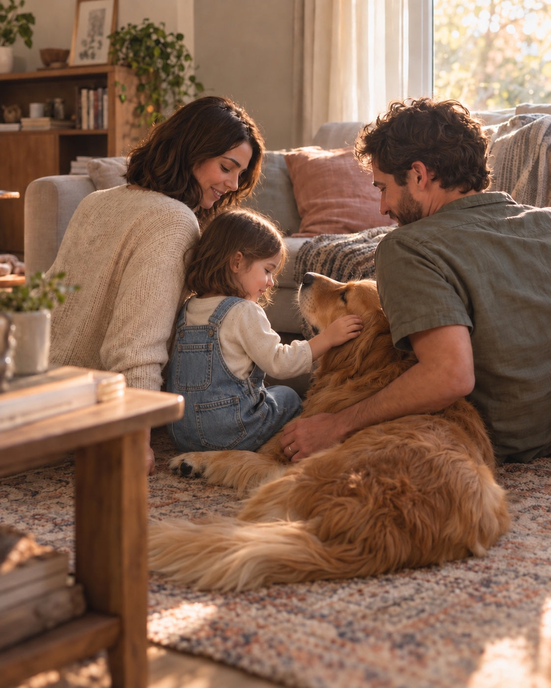 A family sharing a quiet afternoon at home with their young daughter and dog.