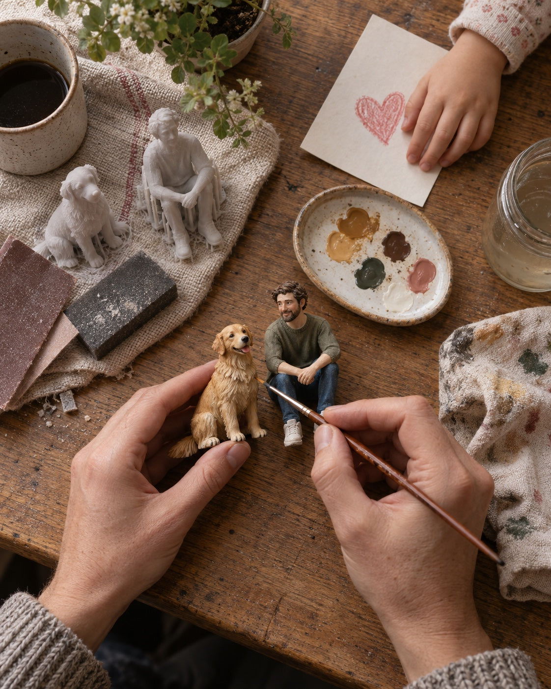 An artist hand-painting two figurines beside test prints and a child’s drawing.
