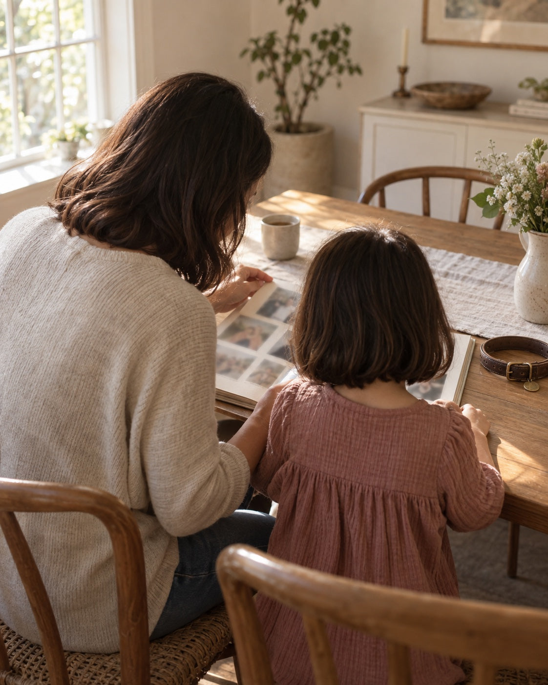 A mother and daughter looking through a family photo album at a sunlit table.